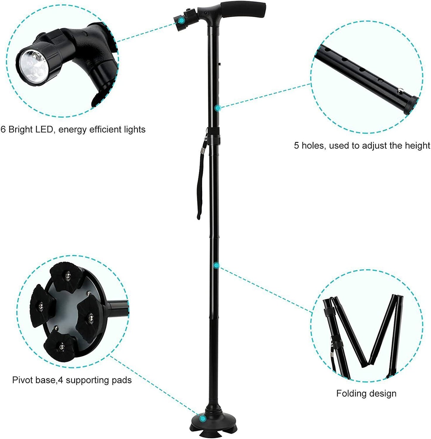 Collapsible Safety LED Walking Stick Adjustable Travel Hiking Cane Trekking Pole