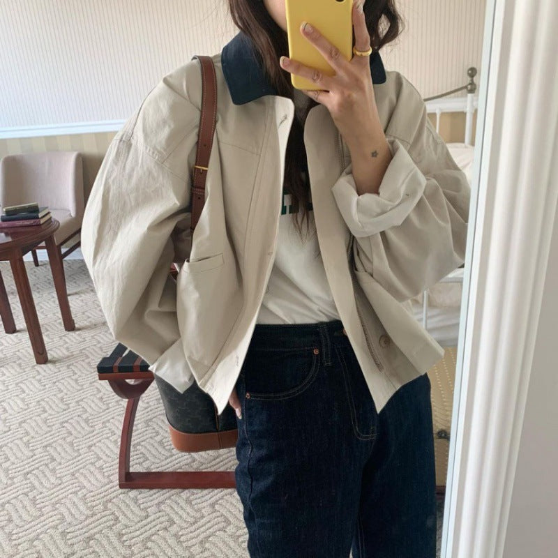 Korean Style Loose Contrast Color Lapel Top – Single-Breasted Casual Short Coat