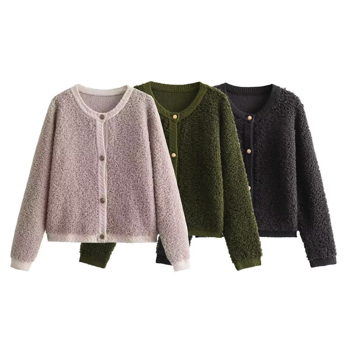 Women's Button-Decorated Terry Yarn Knitted Cardigan – Round Neck Coat