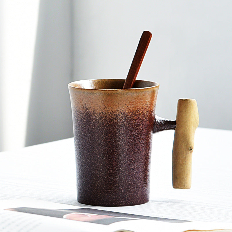Creative Retro Ceramic Mug with Wooden Handle – Chinese Style Coffee Cup with Lid - Odyssey