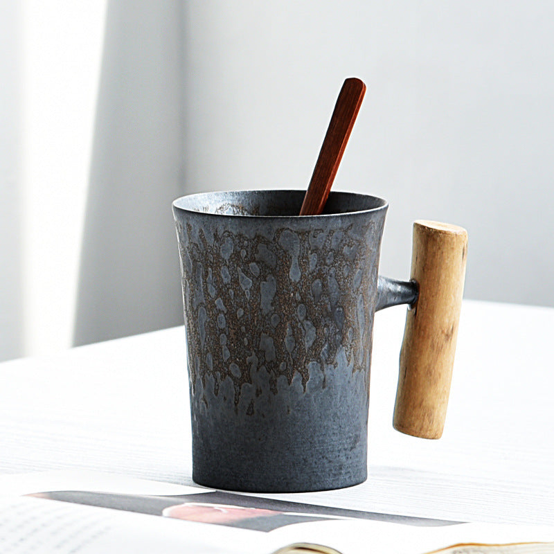 Creative Retro Ceramic Mug with Wooden Handle – Chinese Style Coffee Cup with Lid - Odyssey