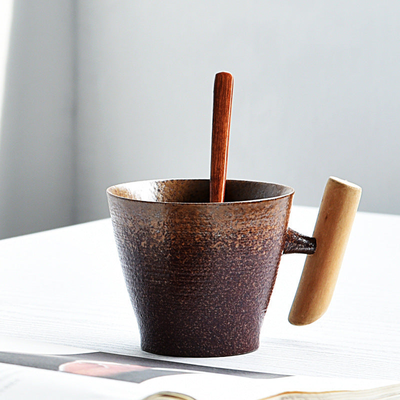 Creative Retro Ceramic Mug with Wooden Handle – Chinese Style Coffee Cup with Lid - Odyssey