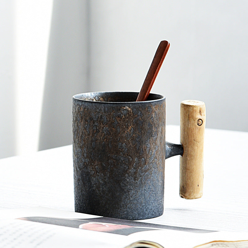 Creative Retro Ceramic Mug with Wooden Handle – Chinese Style Coffee Cup with Lid - Odyssey