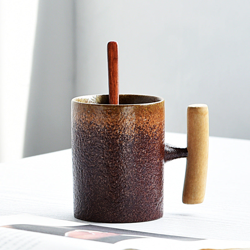 Creative Retro Ceramic Mug with Wooden Handle – Chinese Style Coffee Cup with Lid - Odyssey