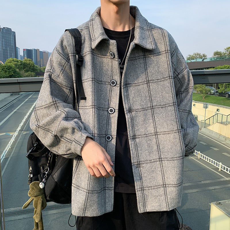 Woolen Coat Men's Loose Woolen Coat Men's Plaid Jacket