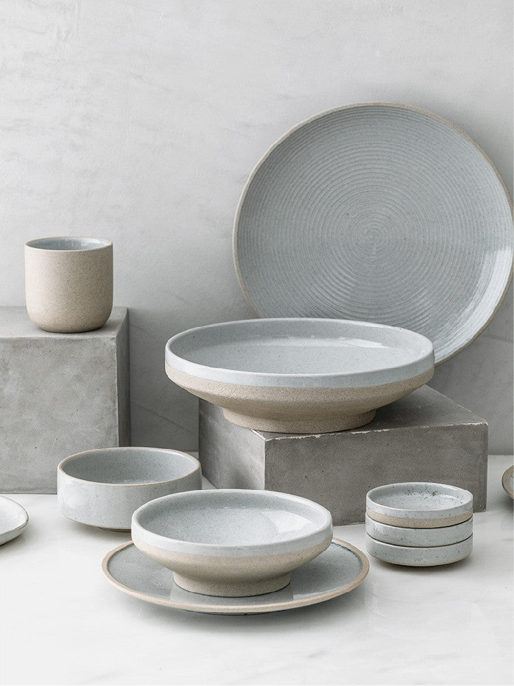 Nordic Style Porcelain Dinnerware Set – Flat Plates, Bowls & Sauce Plates with Sesame Glaze - Odyssey