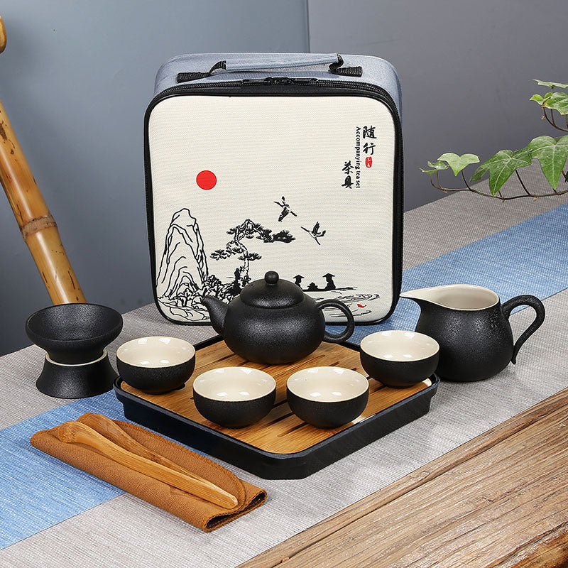 Japanese Black Pottery Tea Set – Ceramic Travel Tea Set with Ancient Pottery Finish & Tray
