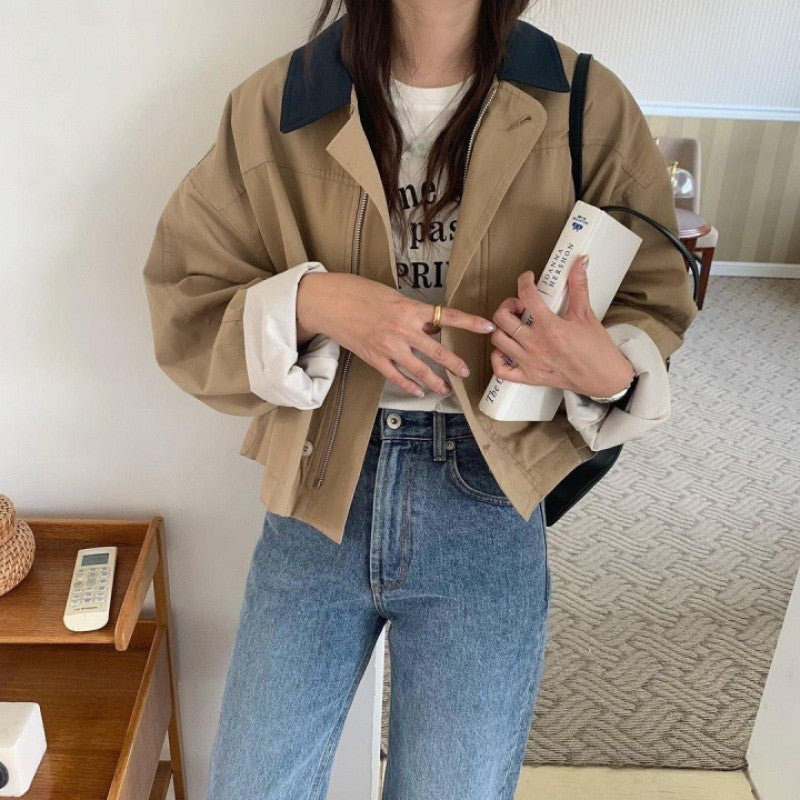 Korean Style Loose Contrast Color Lapel Top – Single-Breasted Casual Short Coat