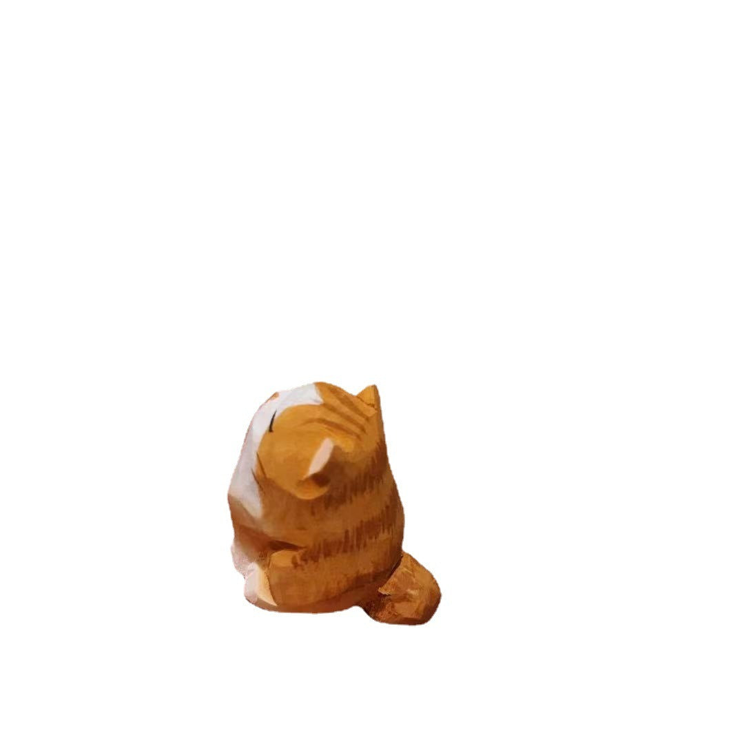 Wood Carving Small Orange Cat Ornaments Handicrafts