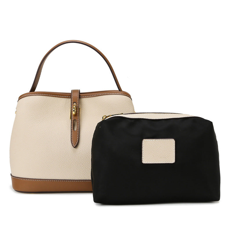 Lychee Pattern PU Leather Bucket Shoulder Bag – Large Capacity Contrast Color 2-Pack Set
