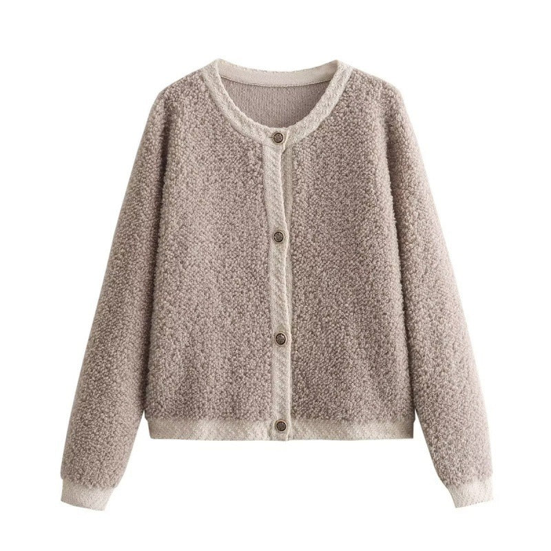 Women's Button-Decorated Terry Yarn Knitted Cardigan – Round Neck Coat
