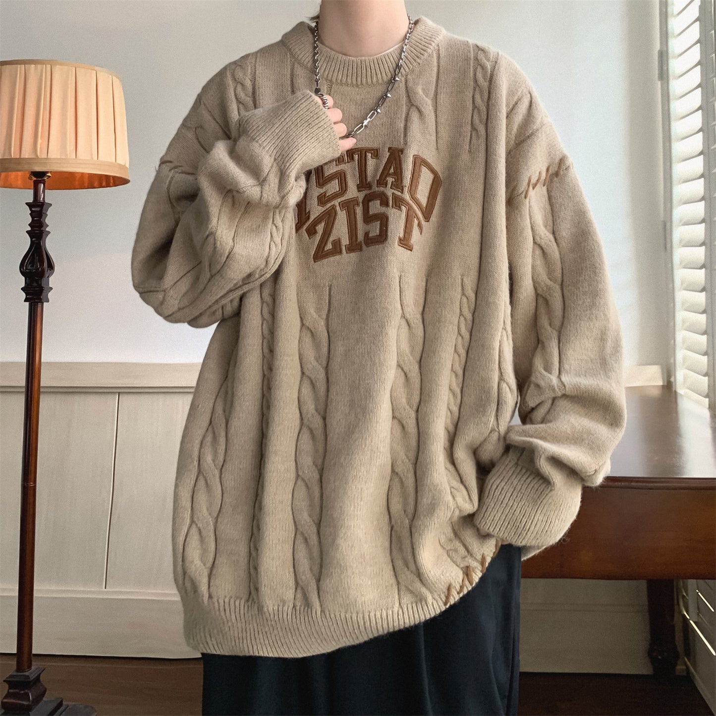 Men’s Thick Twist Knit Lazy Sweater – Warm Pullover Coat, 100% Polyester, Sizes M–2XL
