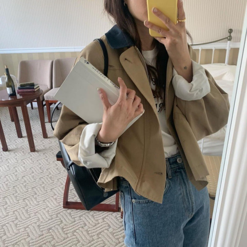 Korean Style Loose Contrast Color Lapel Top – Single-Breasted Casual Short Coat