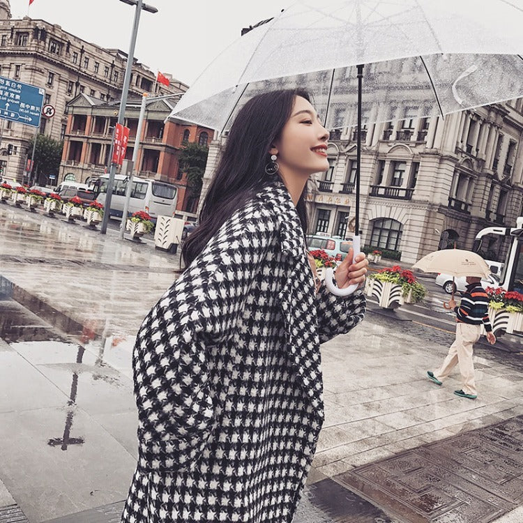 Korean Style Mid-length Over-the-knee Ladies Plaid Woolen Coat