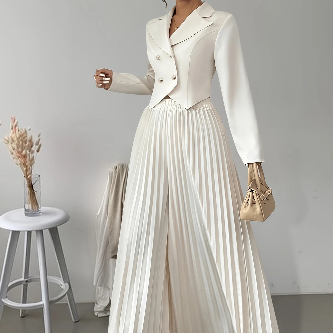 Women’s Long-Sleeved Top & Pleated Skirt Set – Suit Collar Style