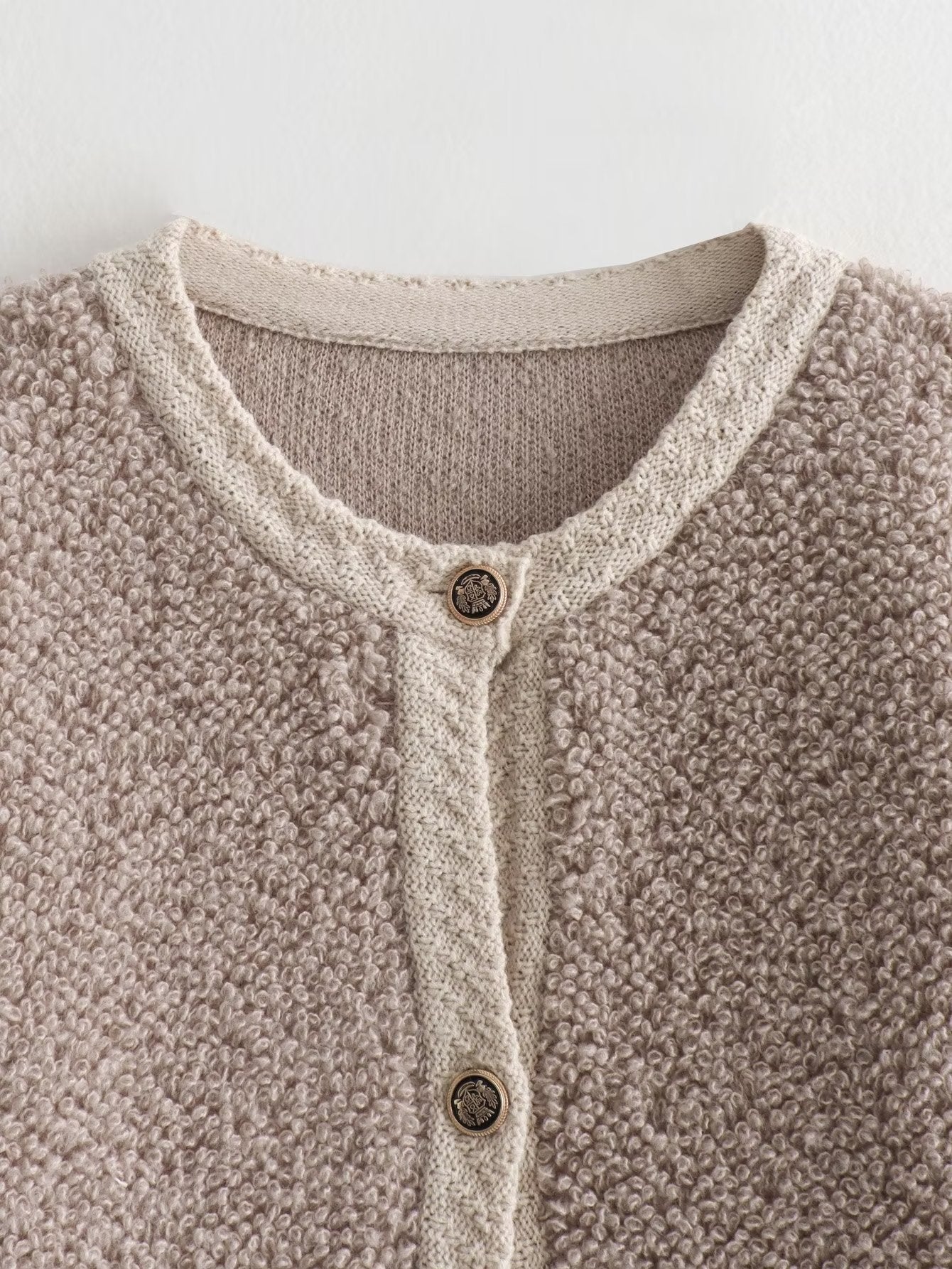 Women's Button-Decorated Terry Yarn Knitted Cardigan – Round Neck Coat