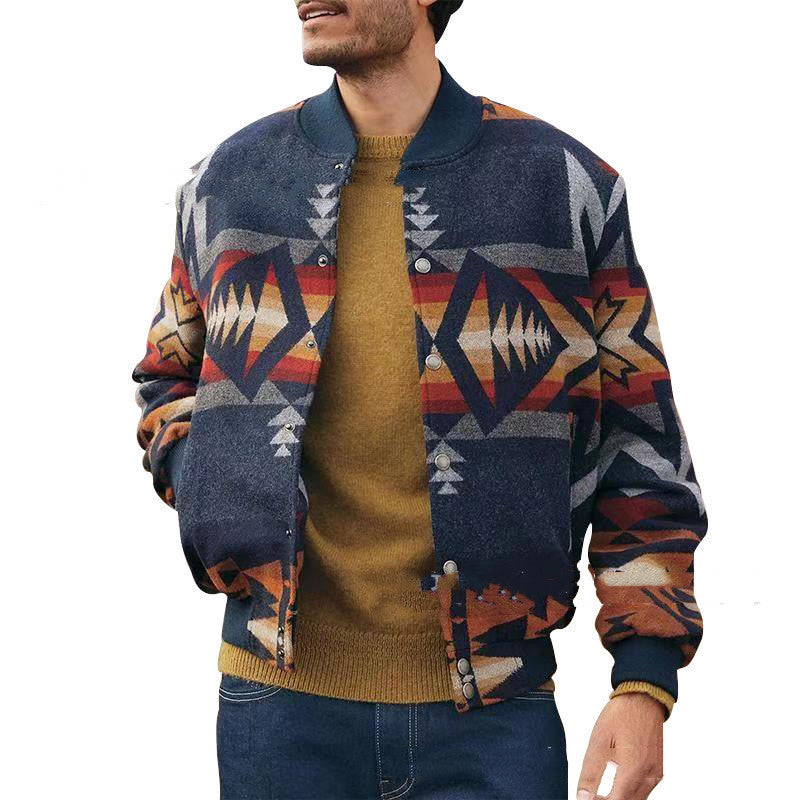 Men’s Geometric Pattern Stand Collar Cardigan Jacket – Casual Single-Breasted Lightweight Coat