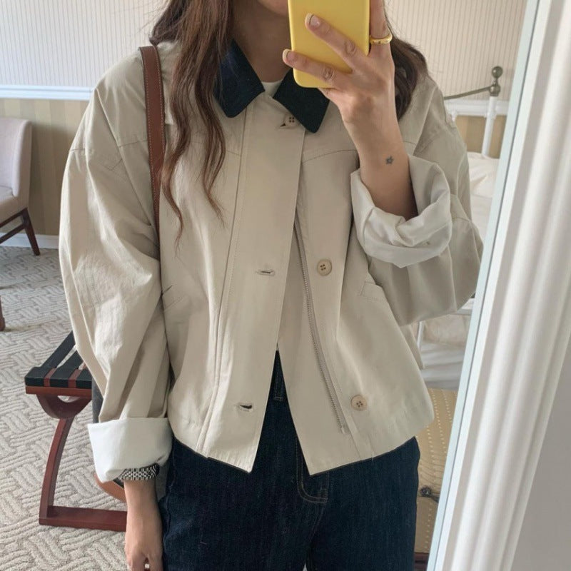 Korean Style Loose Contrast Color Lapel Top – Single-Breasted Casual Short Coat