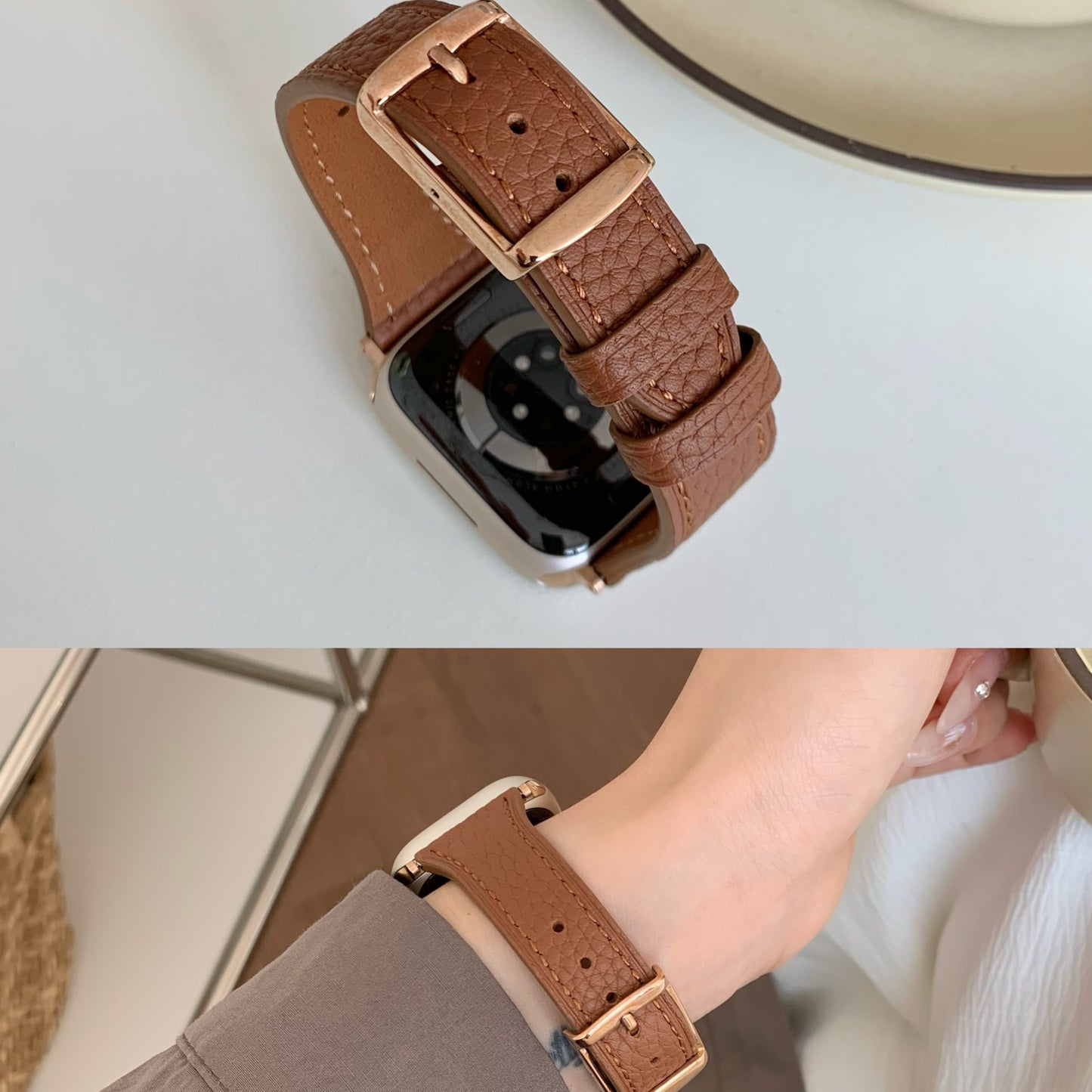 Square Buckle Lychee Leather Apple Watch Strap – Slim Fit & Stylish Upgrade