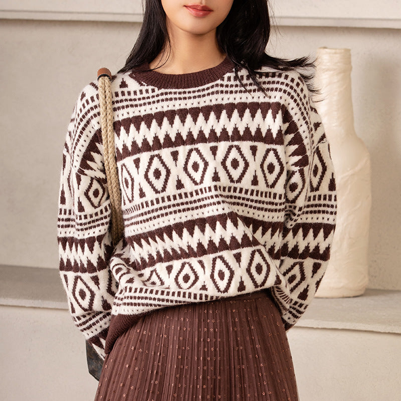 Women's Geometric Round Neck Loose Long Sleeve Sweater