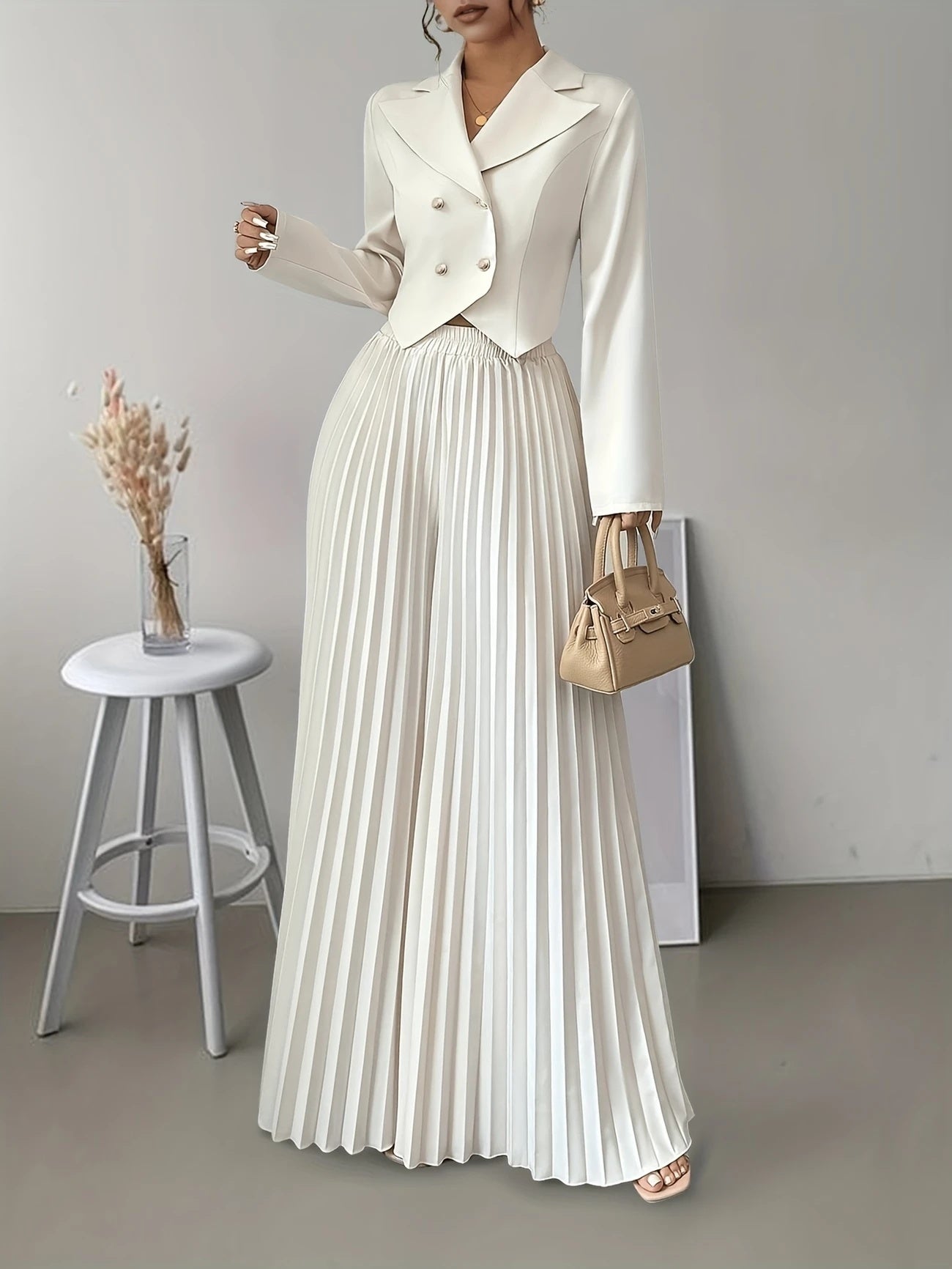 Women’s Long-Sleeved Top & Pleated Skirt Set – Suit Collar Style