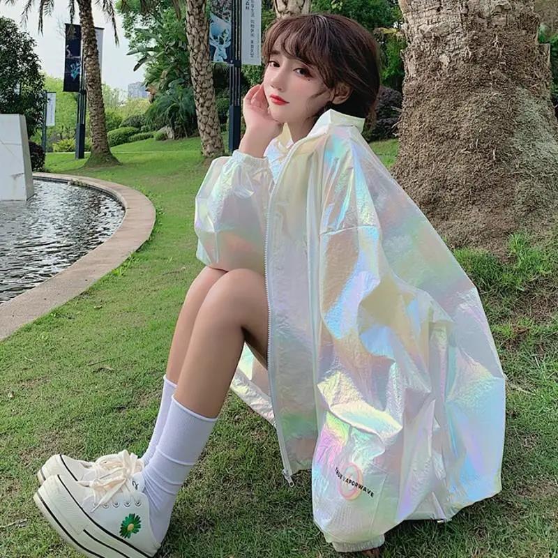 Women's Oversized Sun Protection Clothing Loose And Thin, Shiny Laser Short Coat Top