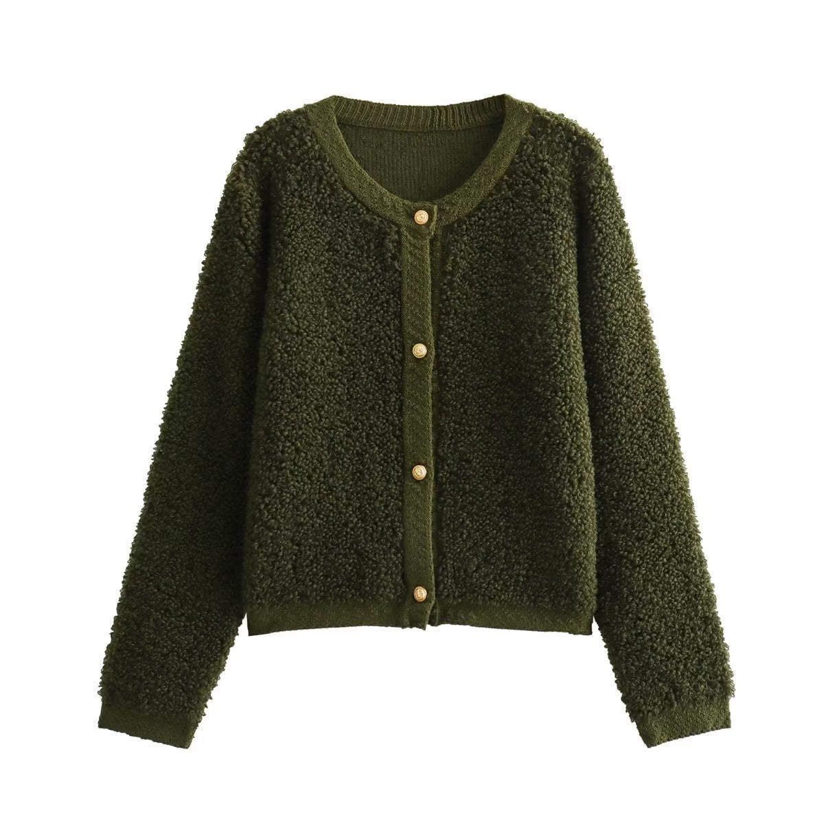 Women's Button-Decorated Terry Yarn Knitted Cardigan – Round Neck Coat