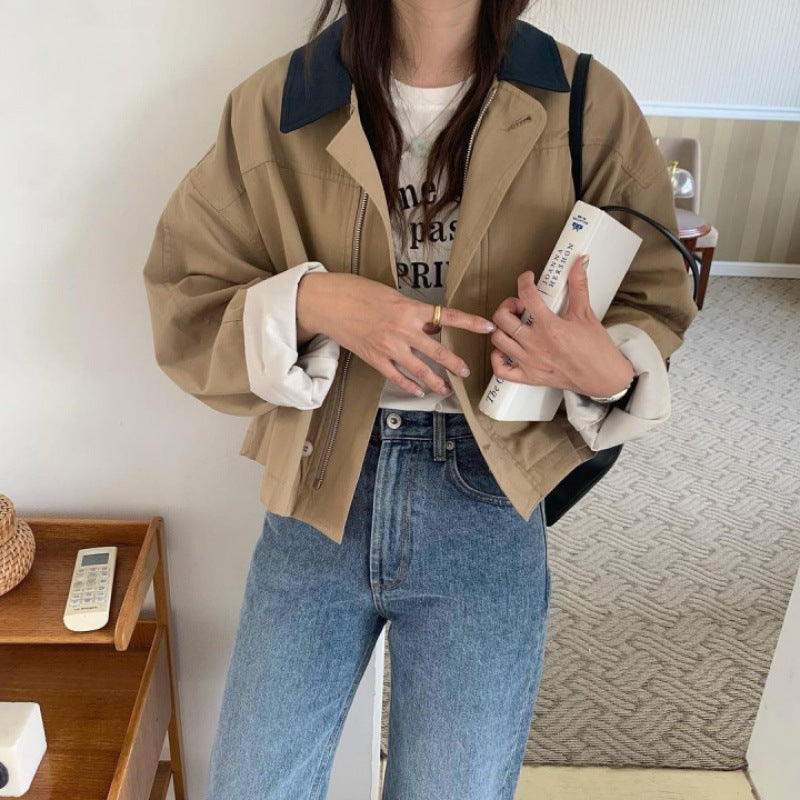 Korean Style Loose Contrast Color Lapel Top – Single-Breasted Casual Short Coat