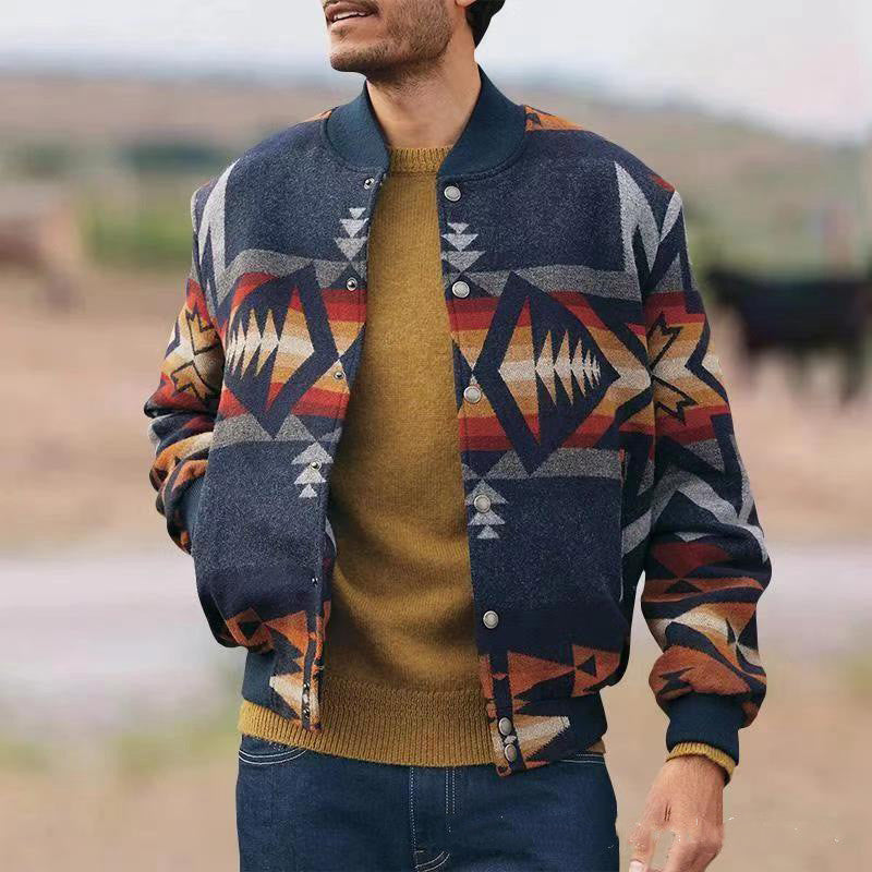 Men’s Geometric Pattern Stand Collar Cardigan Jacket – Casual Single-Breasted Lightweight Coat