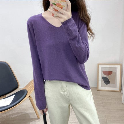 Loose Slimming V-neck Long-sleeved Sweater – Fresh & Sweet Korean Style
