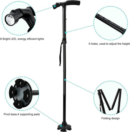 Collapsible Safety LED Walking Stick Adjustable Travel Hiking Cane Trekking Pole