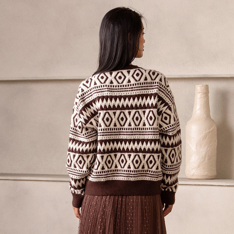 Women's Geometric Round Neck Loose Long Sleeve Sweater