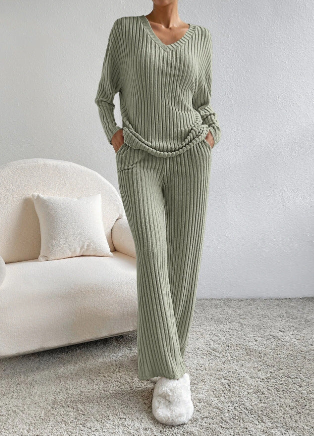 Fashion Solid Striped Suit – V-neck Long-sleeved Top & Casual Straight Pants