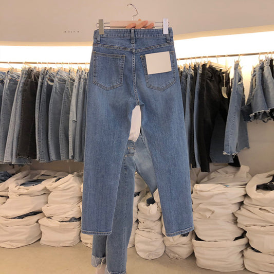 Spring New Ripped High-Waist Straight-Leg Slim Jeans Casual All-Match Trousers