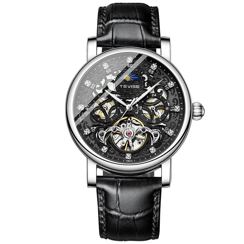Men’s Diamond Hollow Automatic Mechanical Watch – Fashion Belt Strap with 30M Waterproof Design