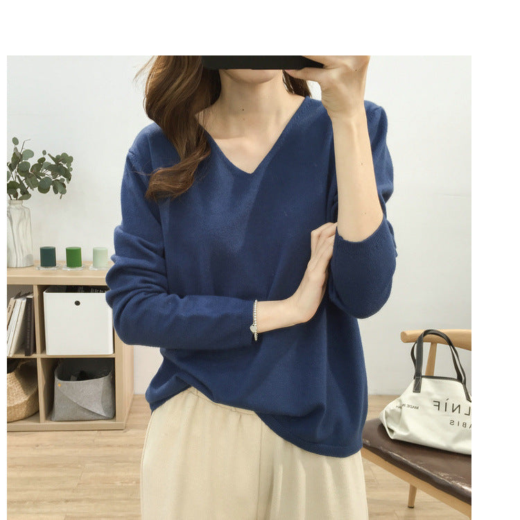 Loose Slimming V-neck Long-sleeved Sweater – Fresh & Sweet Korean Style