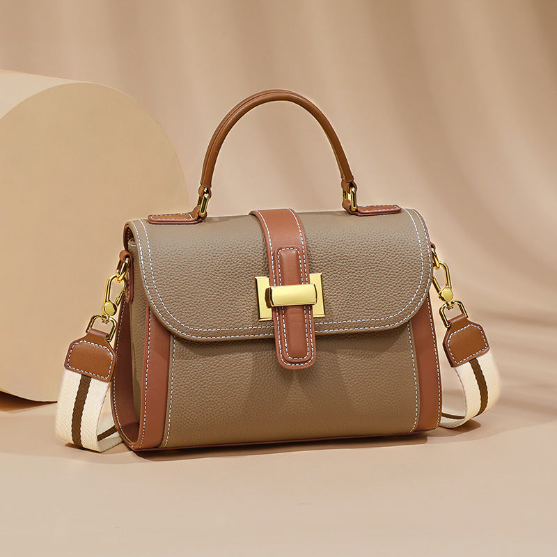 Genuine Leather Street Trend Handbag for Women – Soft Cowhide, Contrast Color, Horizontal Square Design