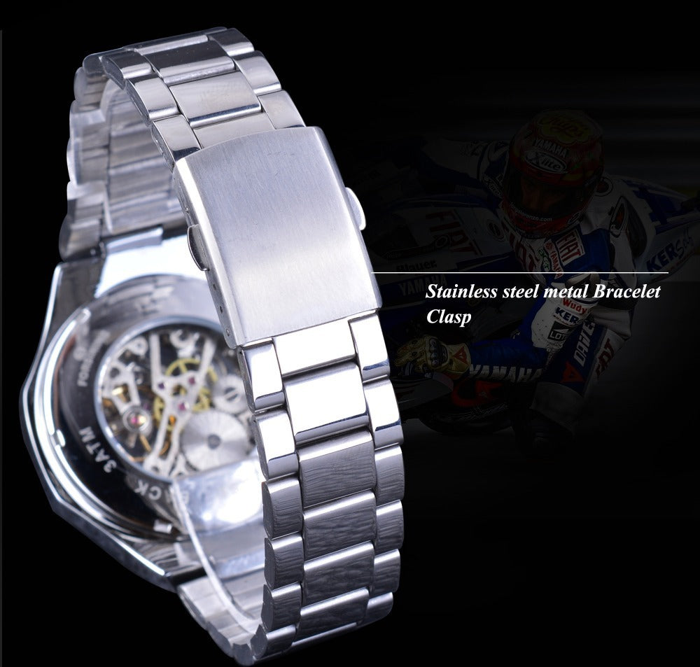 Men’s Waterproof Steel Band Mechanical Watch – 3ATM Alloy Case with Transparent Back