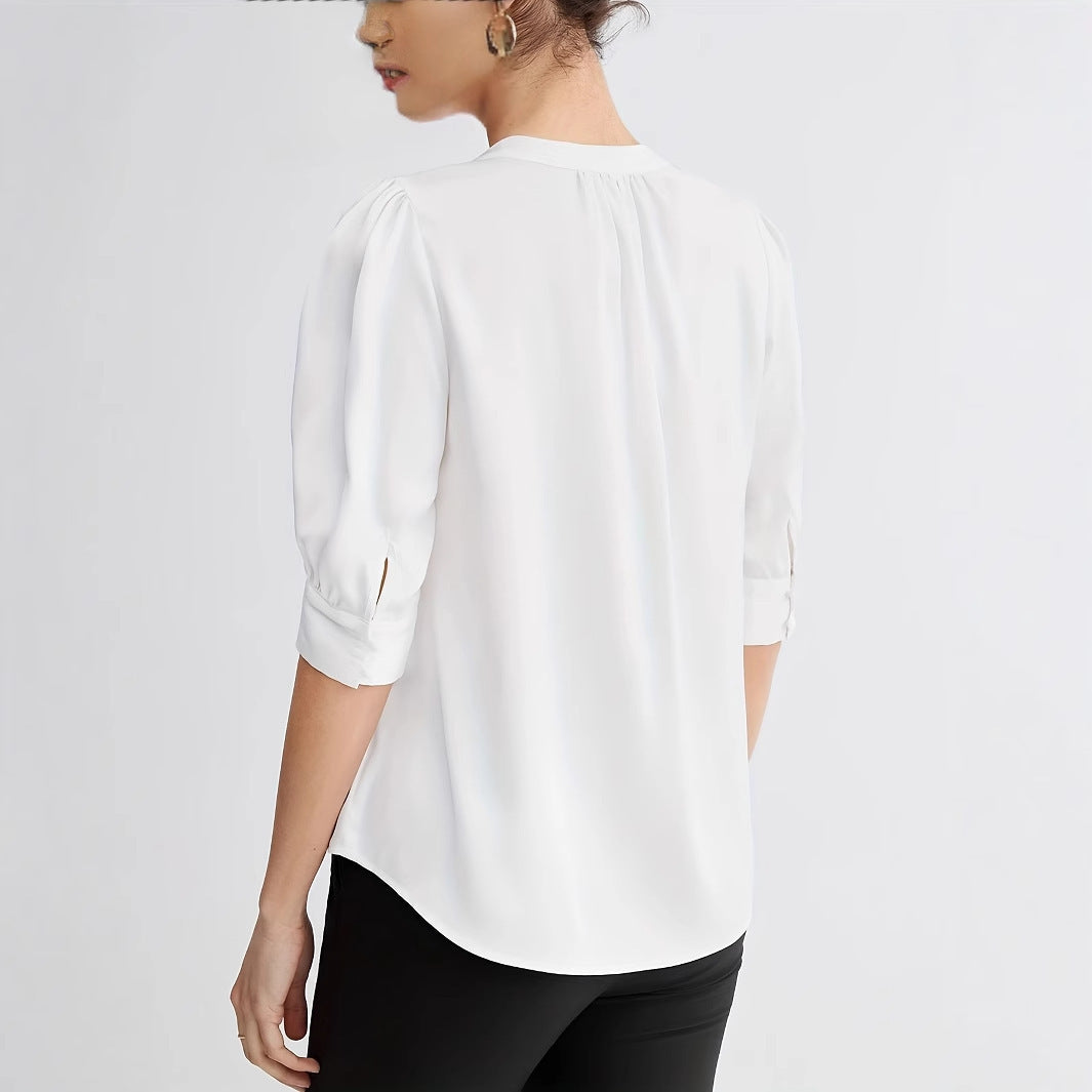 Summer Loose Solid Color Notched V-neck Half-sleeve Shirt for Women