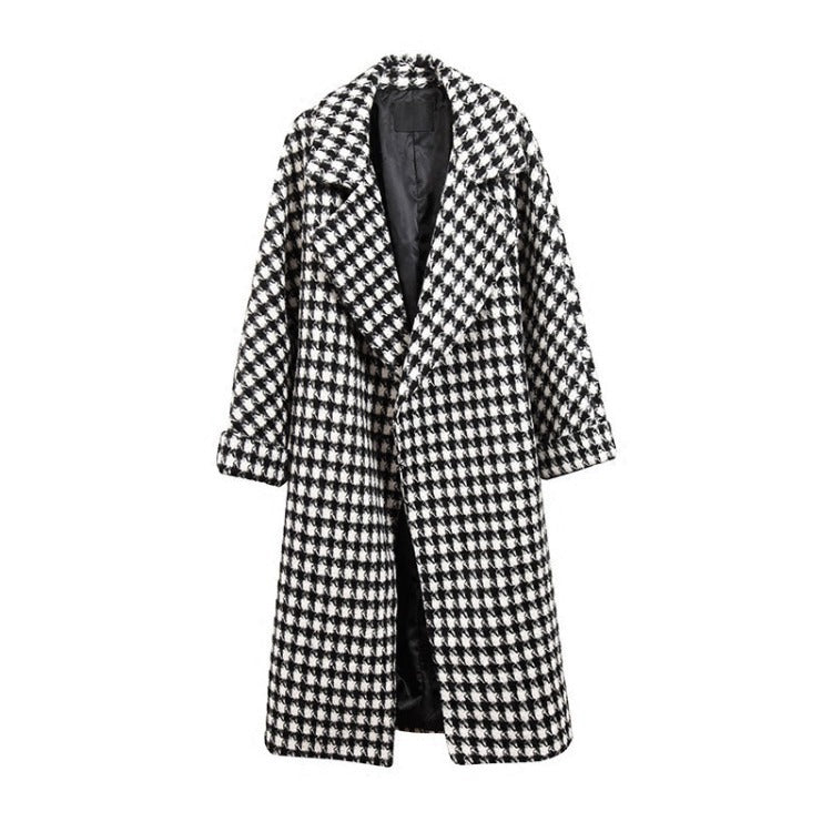 Korean Style Mid-length Over-the-knee Ladies Plaid Woolen Coat