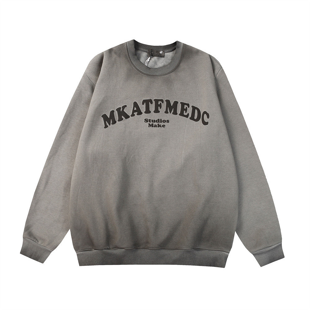 Gradient Inkjet Letter Crew Neck Brushed Hoodie – Stylish Casual Streetwear Sweatshirt