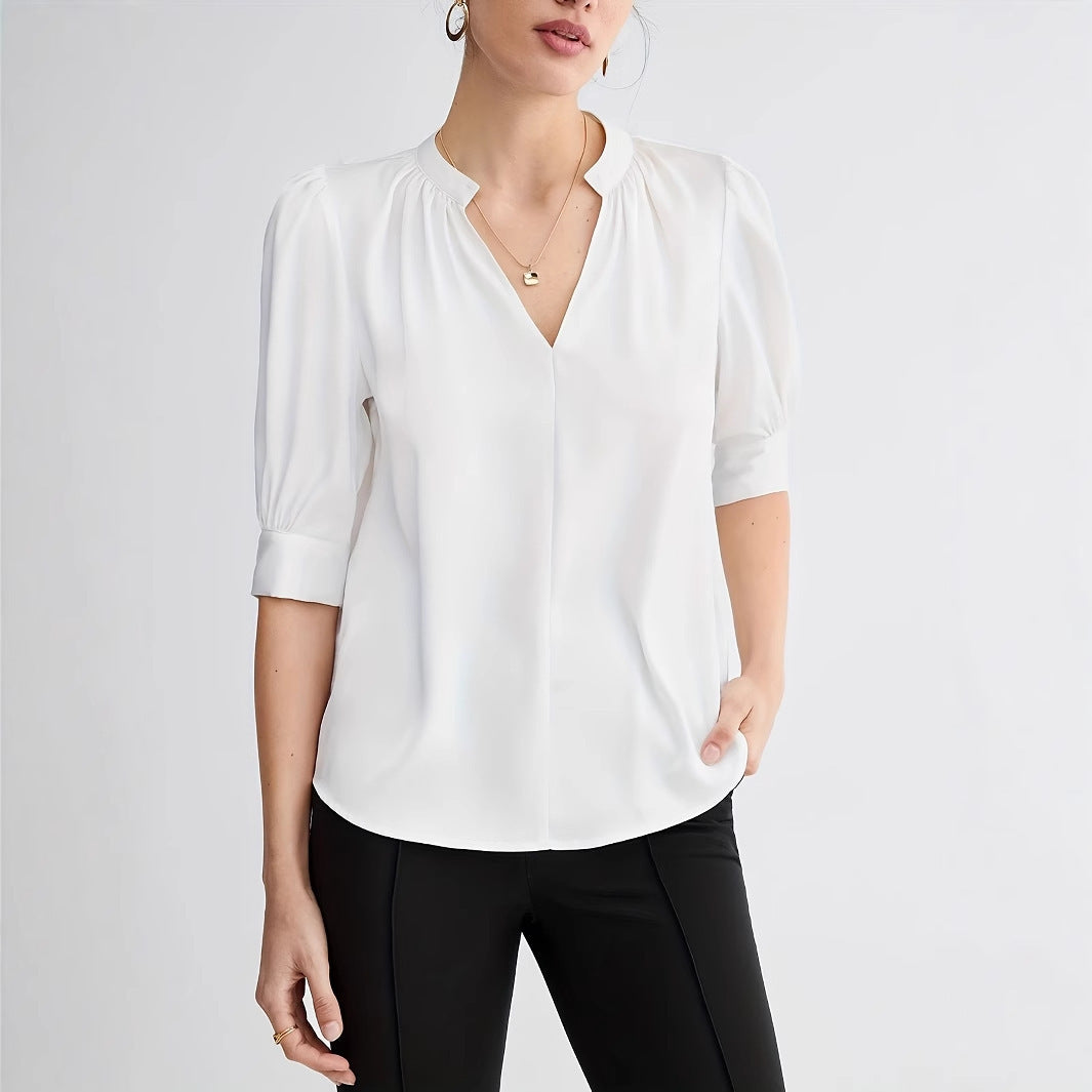 Summer Loose Solid Color Notched V-neck Half-sleeve Shirt for Women