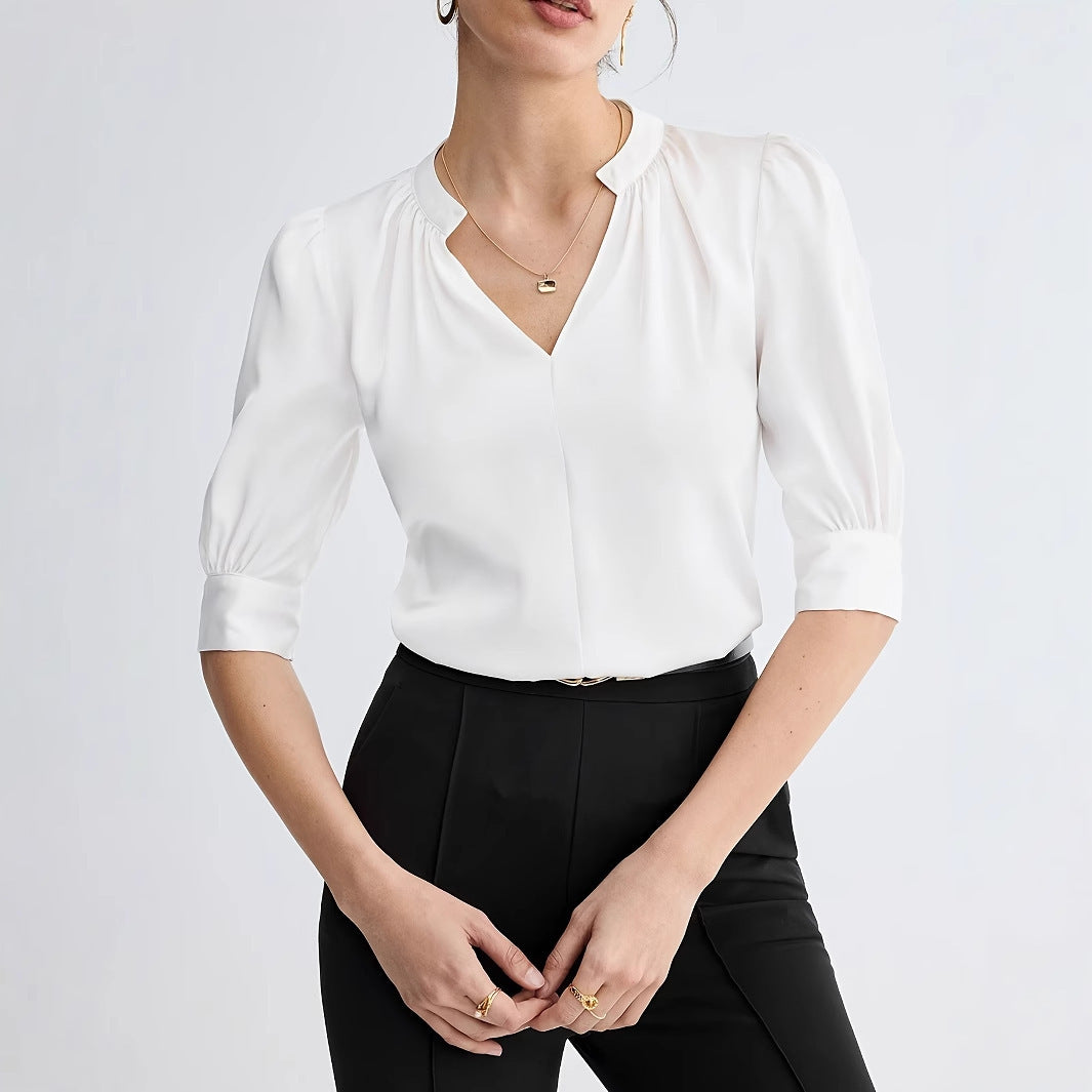 Summer Loose Solid Color Notched V-neck Half-sleeve Shirt for Women