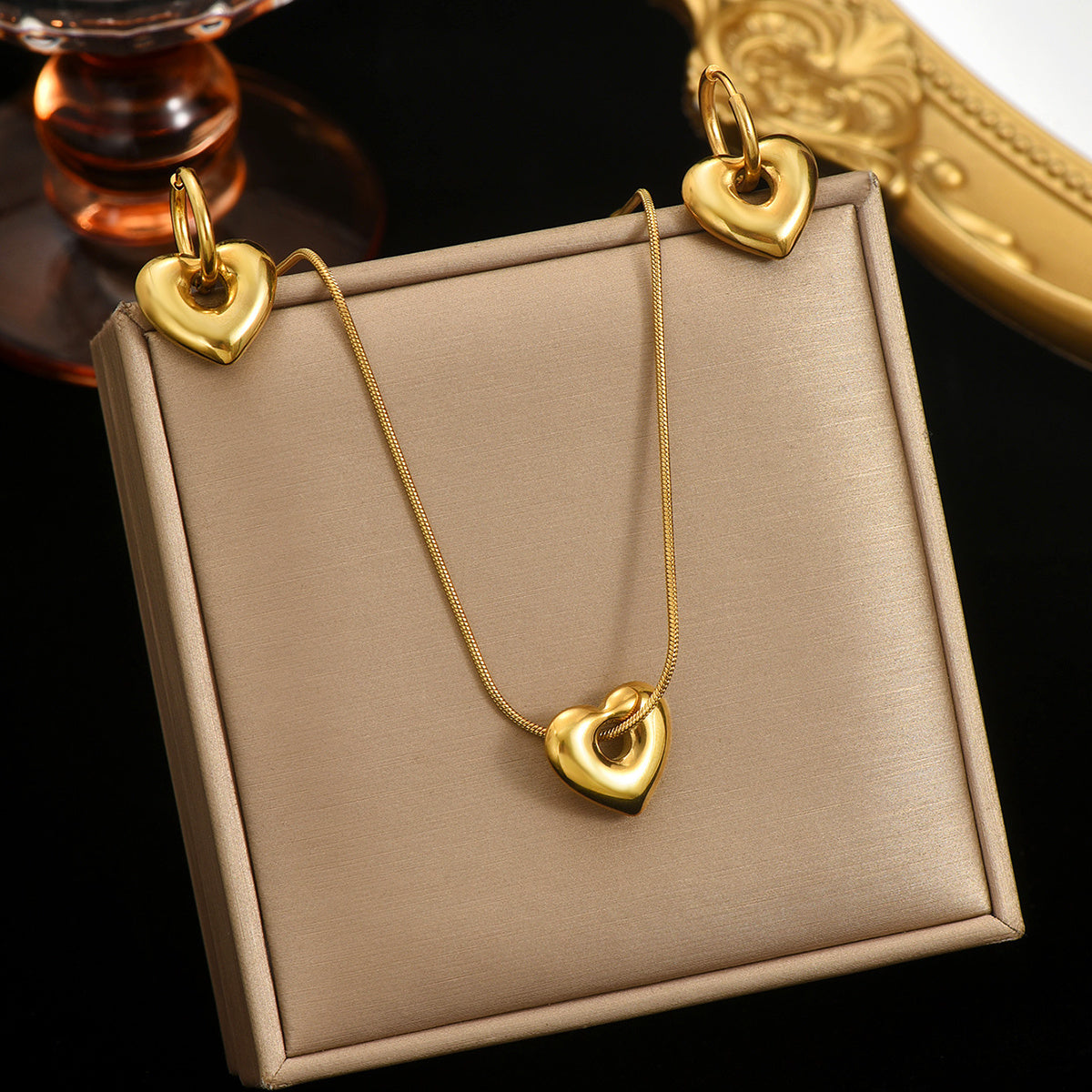Lxalry 18K Gold Plated Hollow Heart Jewelry Set  Mirror Polish Hypoallergenic Necklace   Earrings For Women Never Fade Handmade Luxury Gift With Adjustable Chain