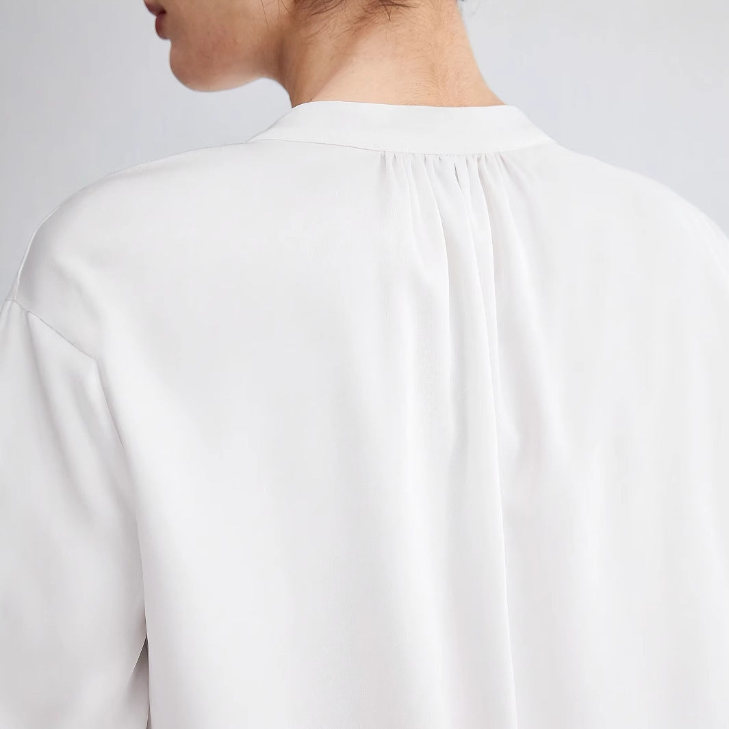 Summer Loose Solid Color Notched V-neck Half-sleeve Shirt for Women