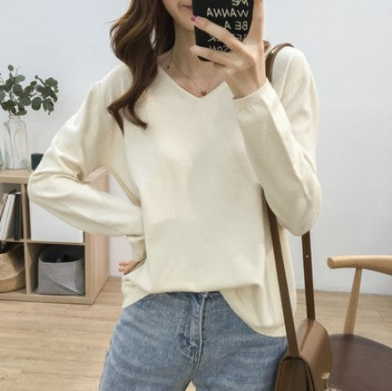 Loose Slimming V-neck Long-sleeved Sweater – Fresh & Sweet Korean Style