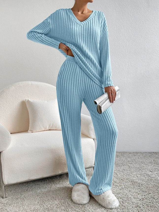 Fashion Solid Striped Suit – V-neck Long-sleeved Top & Casual Straight Pants