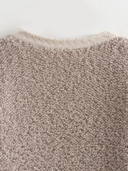 Women's Button-Decorated Terry Yarn Knitted Cardigan – Round Neck Coat