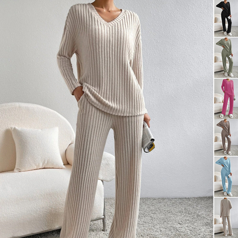 Fashion Solid Striped Suit – V-neck Long-sleeved Top & Casual Straight Pants