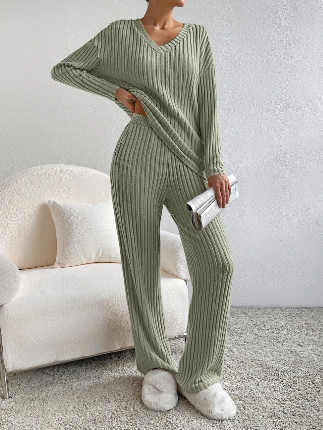 Fashion Solid Striped Suit – V-neck Long-sleeved Top & Casual Straight Pants